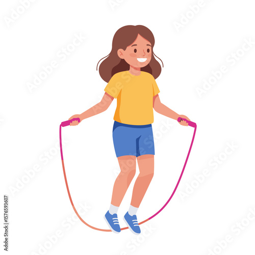 Young girl jumping rope and smiling in casual sportswear, white background, isolated, vector  