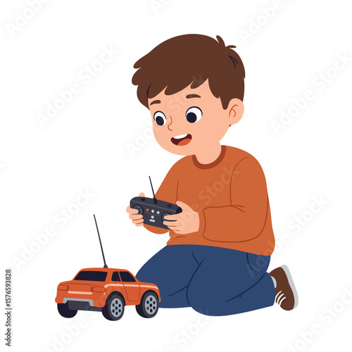 Young boy playing with orange remote control car at home, white background, isolated, vector, white background, isolated, vector  