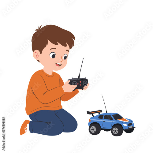 Boy playing with remote control car while kneeling on the floor, white background, isolated, vector  
