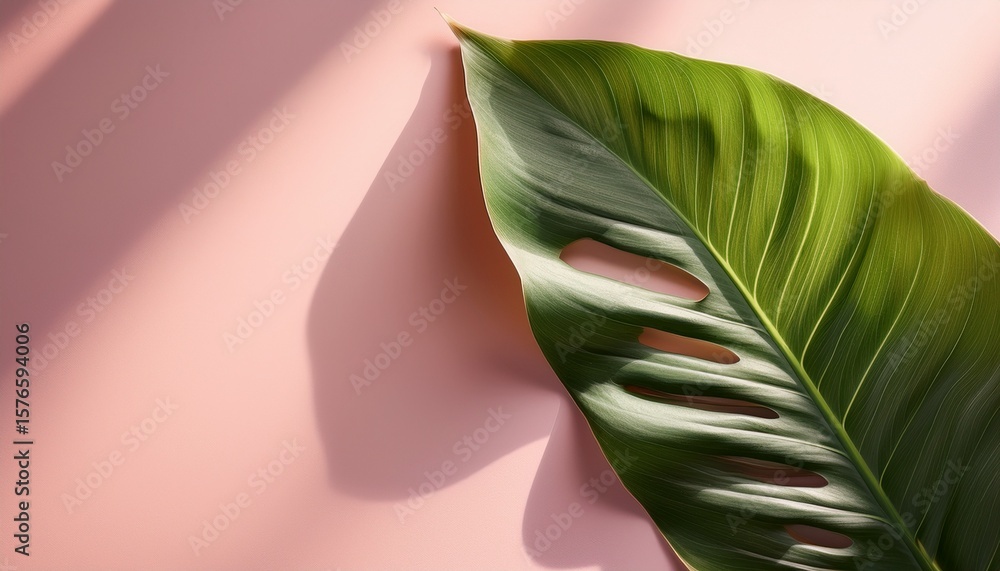 Obraz premium lush tropical leaf on soft pink background with gentle light shadows