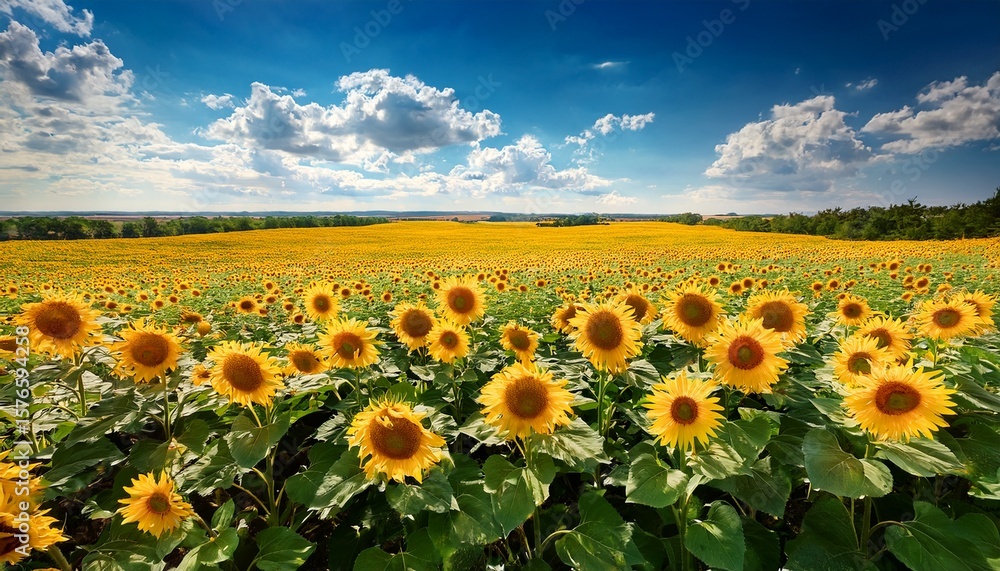 Fototapeta premium a vibrant sunflower field stretching toward the horizon with golden light illuminating the scene