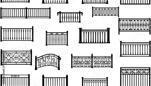 vector set of Seamless illustration of different railings isolated on white
