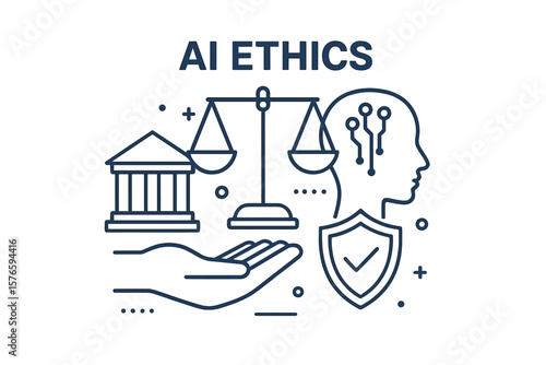 AI ethics and responsible artificial intelligence governance concept. Fair, safe, and legal use of technology. Machine learning morality, principles, and data protection banner.