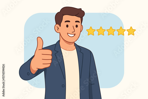 Best star rating for high quality product or good service. Excellence customer feedback. Positive user experience. Five stars ranking concept. Businessman showing thumbs up.