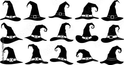 vector set of Illustration of different witch hats isolated on white
