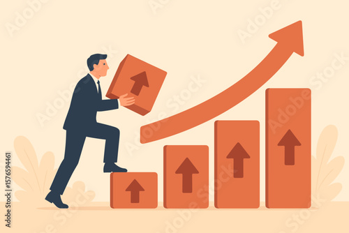 Business growth and career improvement. Investment profit and personal development concept. Businessman building a growth chart arrow. Leadership, effort and financial success.