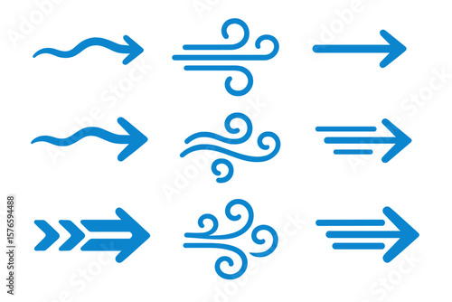 Wind icon collection. Blue arrows showing air flow direction. Weather blow sign. Breeze and stream circulation symbol set. Cold wave motion graphic. Fresh climate element.