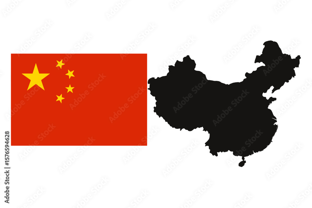 Naklejka premium China Flag and Country Silhouette Vector Illustration, Chinese National Symbol, Map Outline, Red Banner, Five Star Emblem, Asia Geography, Political Border, Patriotic Design, Editable PNG