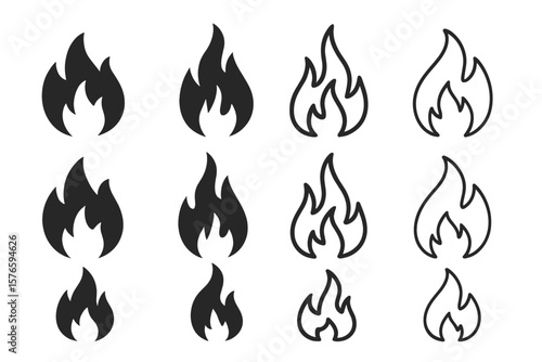 Set of Fire Flame Silhouettes and Icons, Solid and Outline Style, Burning Fire Symbol, Vector Illustration for Emergency, Heat, Campfire, Danger, Hot, Energy Concepts