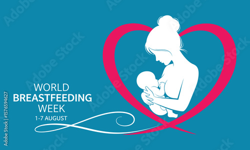 World breastfeeding week illustration with mother and child in heart shape on blue background