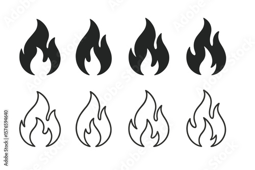 Fire Flame Silhouettes Icon Set. Solid and Outline Fire Symbols. Burning Flame Vector Collection. Black Fire Icons. Minimalist Fire Design. Isolated Flame Elements for Logo, Web, App, Print
