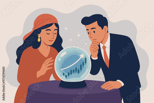 Fortune teller predicts stock market trends for business investors, financial forecast, investment opportunity, economic direction, business vision, rising graph concept illustration