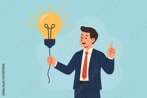 Businessman cartoon character with bright lightbulb idea. Concept of helpful business tips, useful suggestions, smart tricks for success, and advice for improvement. New innovation.