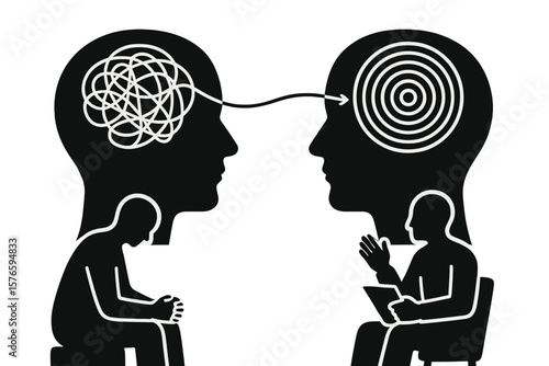 Psychotherapy Session Concept, Tangled Thoughts to Clarity, Therapist and Patient Silhouettes, Mental Health Counseling, Brainstorming, Problem Solving, Emotional Support