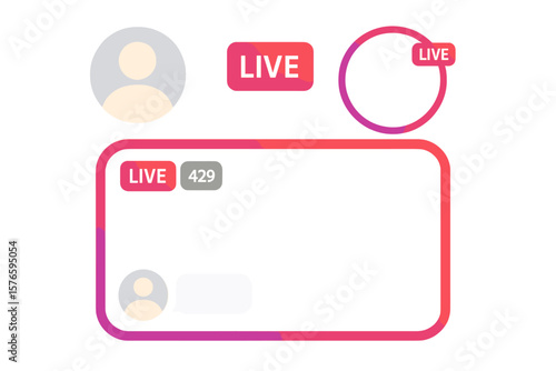 Social Media Live Streaming Interface Elements. Live Video Frame Set, Profile Story Icon, Circle Live Stream Frame, Broadcast Overlay, User Avatar, Transparent Vector Design