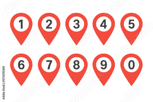 Red Location Pin Map Marker Set with Numbers 0-9, Navigation Pointer Icons, GPS Tag, Geolocation Symbol, Route Destination, Vector Illustration, Modern Flat Design, Isolated on White