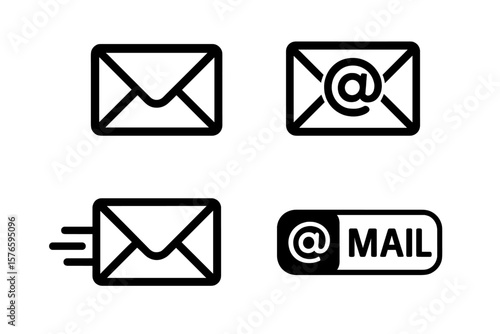 Email Envelope Icon Set. Vector Email Symbols, Mail Envelope Outline, Fast Message, At Sign, Electronic Communication, Web Email, Digital Mailbox, Message Notification, Black Line Icons