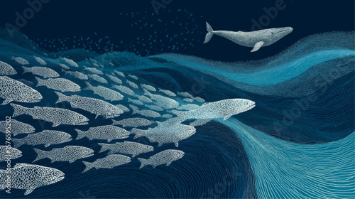 Abstract Whale and Fish Swarm in Deep Blue Ocean Vector Illustration with Clean Copy Space for Design Use