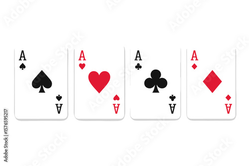 Four Aces Playing Card Set. Classic Poker Deck Suits. Ace of Spades, Hearts, Clubs, Diamonds. Casino Game Symbols. Vector Illustration for Card Games, Gambling, Casino, Poker, Transparent Background