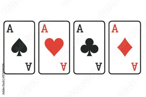 Four Aces Playing Cards Set. Ace of Spades, Hearts, Clubs, Diamonds. Card Suit Symbols. Poker, Casino, Gambling, Game Night, Vector Illustration. Isolated Transparent Background.