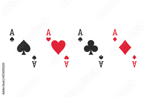 Four Ace Playing Cards Set. Poker Card Suits Icon Collection. Spades, Hearts, Clubs, Diamonds. Casino Game Symbol. Vector Illustration. Gambling, Luck, Game Night, Transparent Background