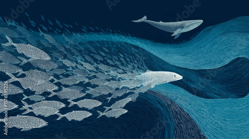 Abstract Whale and Fish Swarm in Deep Blue Ocean Vector Illustration with Clean Copy Space for Design Use