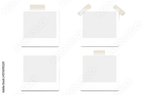 Realistic Polaroid Photo Frame Mockup Collection. Blank Instant Photo Frames with Sticky Tape. Empty Square Template Set. Isolated Vector Illustration. Scrapbook, Memory Album, Transparent Background.