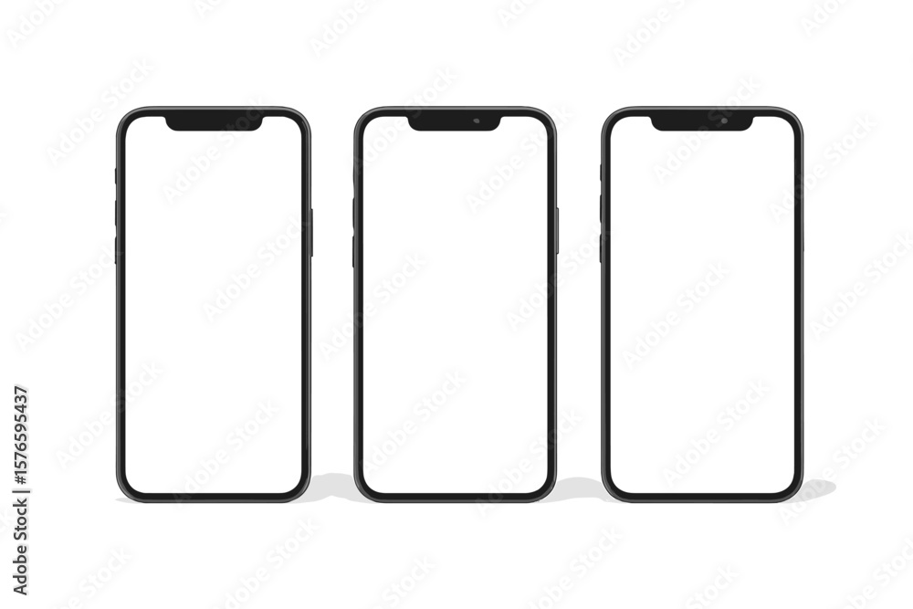 Realistic 3D Smartphone Mockup Set Front View with Shadow, Isolated Modern Mobile Phones, Blank Screen Template for UI UX App Design Presentation, High Quality Device Collection