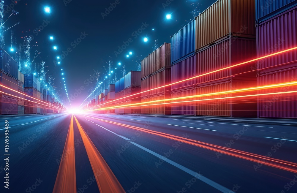 Obraz premium Night scene featuring cargo containers stacked alongside road with streaks of light indicating fast movement. Blue, orange lights illuminate highway, suggesting logistics, transportation concept.
