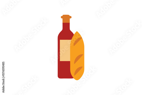 Baguette And Wine Bottle French Style Vector On White