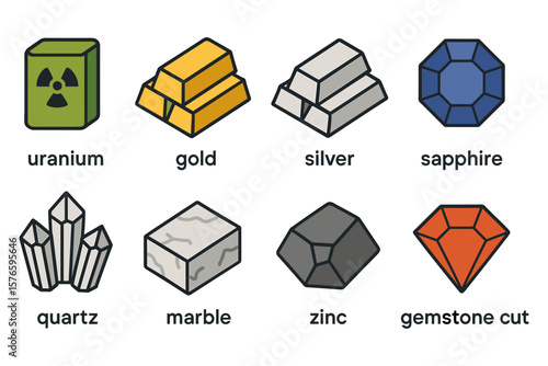 Mineral collection: uranium, gold, silver, sapphire, quartz, marble, zinc, and gemstone