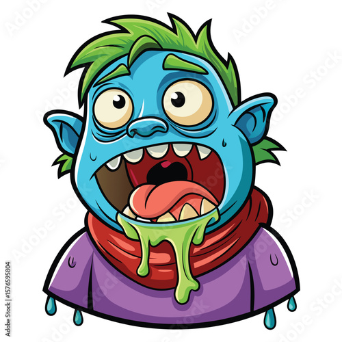 Cartoon monster with a wide open mouth, dripping green slime, and teal-colored drips