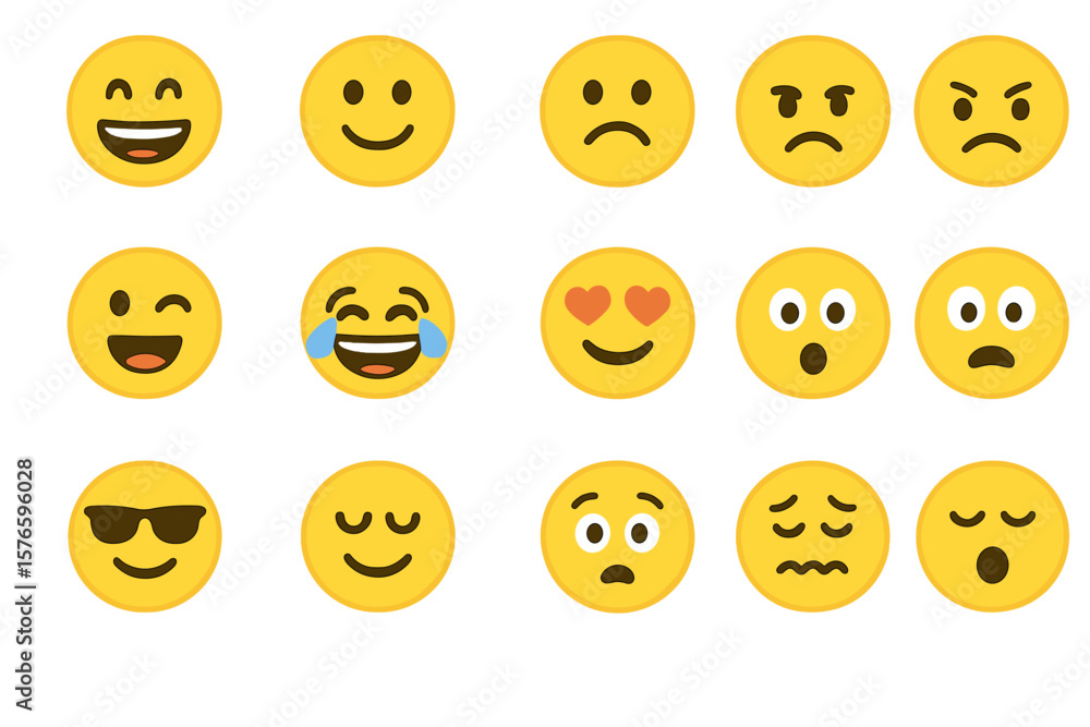 Vector illustration set of 15 cute cartoon emoticon faces showing different emotions. Yellow smileys for chat and web. Happy, sad, angry, love, cool, sleepy emoji icons. Vector illustration set of 15 cute cartoon emoticon faces showing different emotions. Yellow smileys for chat and web. Happy, sad, angry, love, cool, sleepy emoji icons.