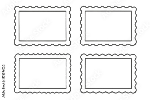 Set of rectangular frames with wavy and scalloped borders. Collection of decorative labels or postage stamp outline design elements. Simple vector line art for diplomas.