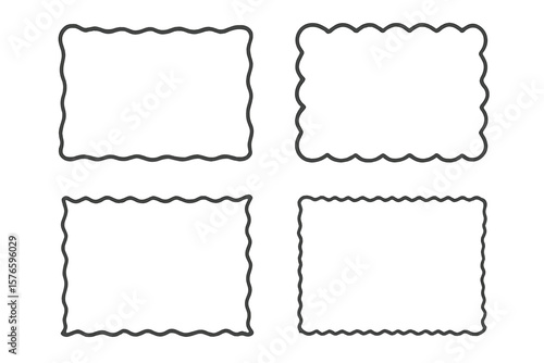 Set of four simple black rectangular frames with wavy and scalloped borders. Hand drawn doodle style illustration. Minimalist design element for text box, quote, or photo.