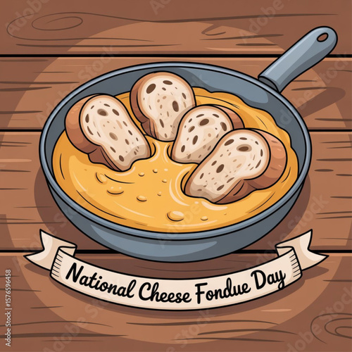 Single one line drawing pan containing liquid cheese. Bread slices dipped in warm cheese. Unique but still delicious way to eat. National Cheese Fondue Day. Vector illustration