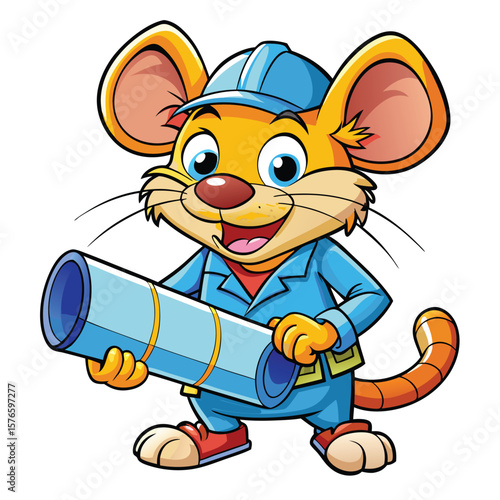 Cartoon mouse in a blue uniform holding a roll of material