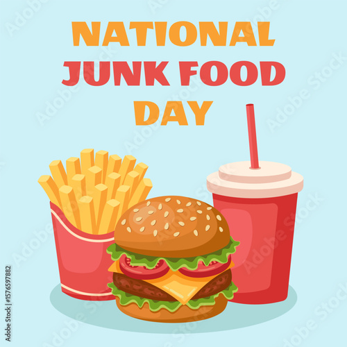 Simple bright cartoon illustration for National Junk Food Day with burger, fries and soda. For food-related promotions, card or fun holiday content. Flat vector design. Minimal.
