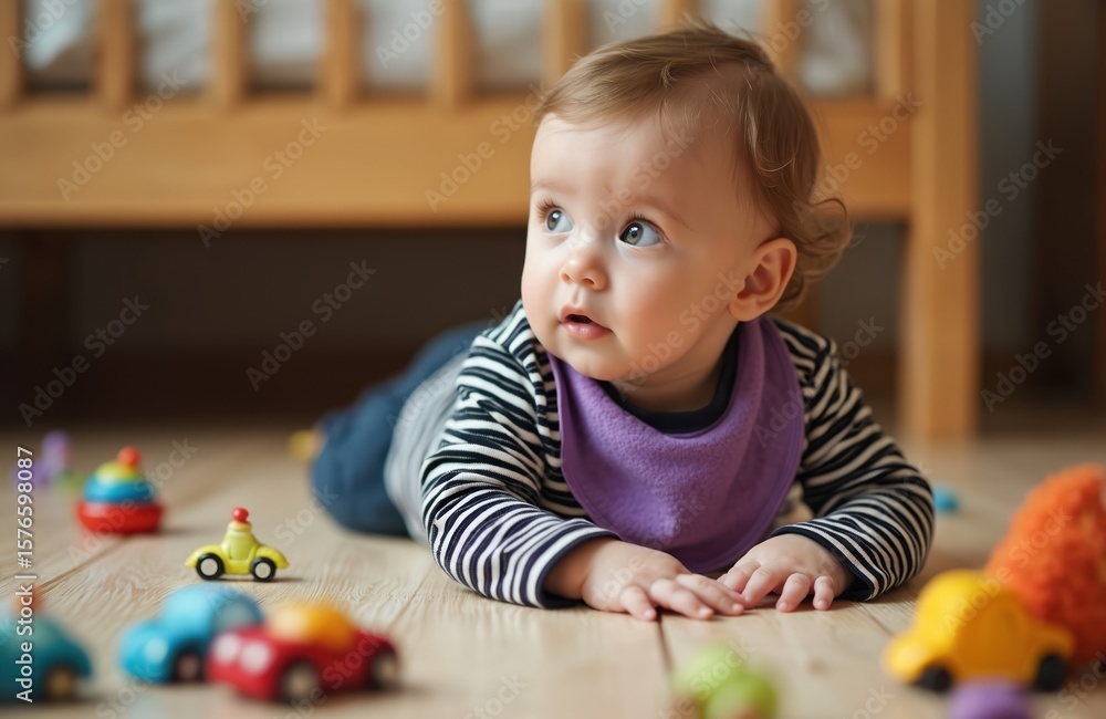 Cute baby boy lies on wooden floor surrounded by colorful toys, looking curious. Toddler wears striped shirt, purple bib. Natural light illuminates scene, child plays with cars, building blocks Cute baby boy lies on wooden floor surrounded by colorful toys, looking curious. Toddler wears striped shirt, purple bib. Natural light illuminates scene, child plays with cars, building blocks