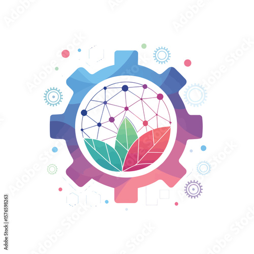 Eco-Tech Synergy: A vibrant illustration showcasing the fusion of nature and technology. The image depicts a stylized gear, seamlessly integrated with a network and botanical elements.
