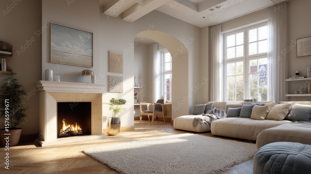 Fototapeta premium Serene Living Room with Fireplace and Abundant Natural Light