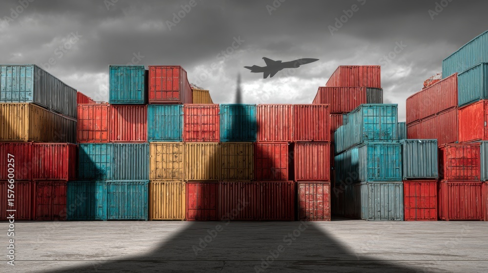 Fototapeta premium Military Plane Shadow Over Shipping Containers Trade Tension