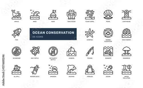 Outline stroke ocean conservation icons for ecology and nature