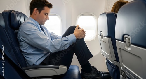 Businessman sits uncomfortably in cramped airplane seat during flight.