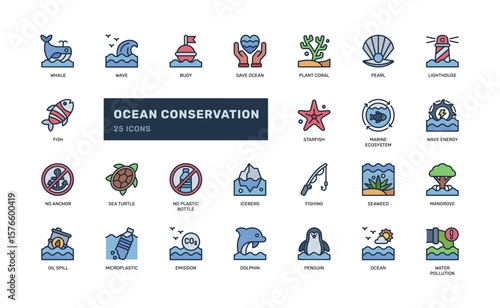 Ocean conservation icons in colorful outline style for awareness