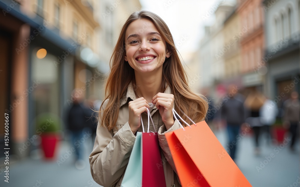 Smiling shopping girl with bags in the city - spring sales. High quality Smiling shopping girl with bags in the city - spring sales. High quality