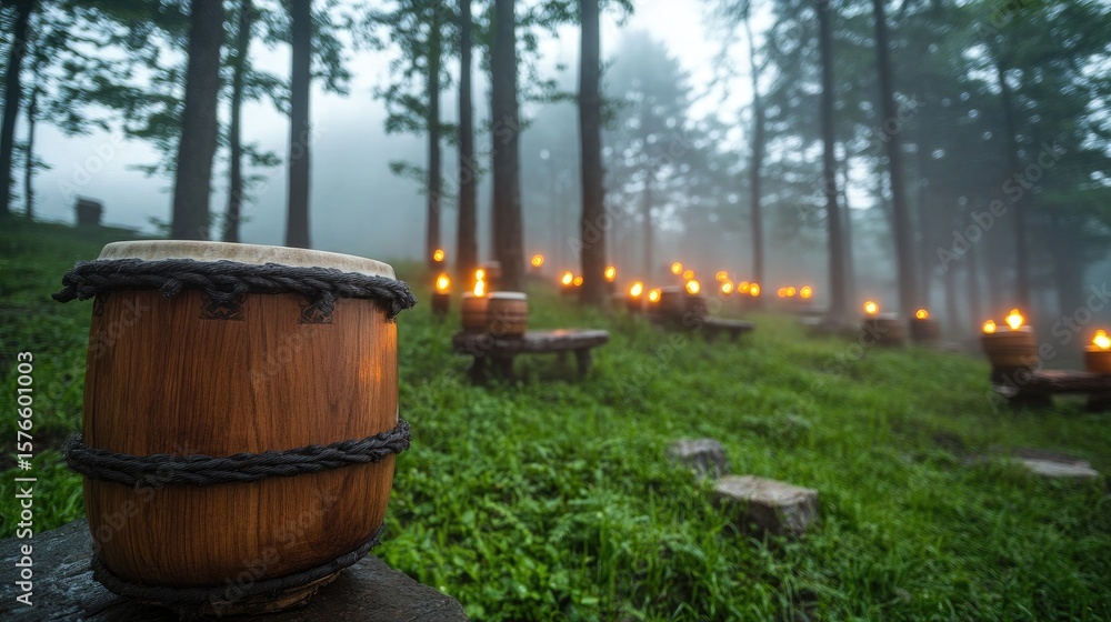 Fototapeta premium Wooden drum in misty forest with candles