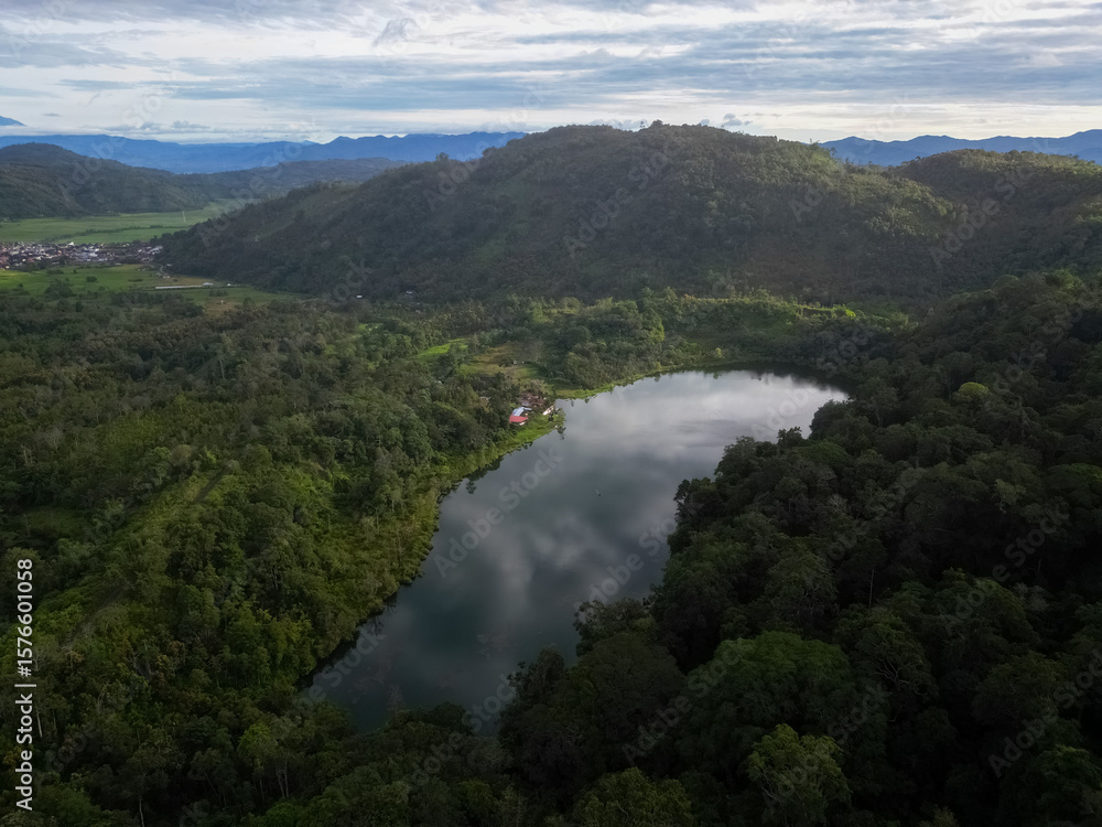 Aerial view of lake surrounded by trees and distant mountains under a cloudy sky Aerial view of lake surrounded by trees and distant mountains under a cloudy sky