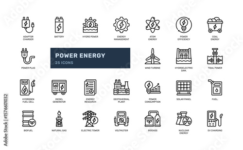 Outline stroke icons of power energy and electric systems