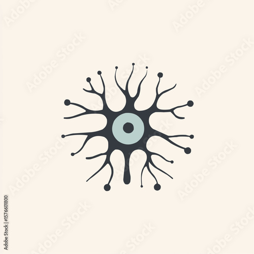 Flat minimal neuron icon with axon in soft neutral colors, ideal for healthcare packaging, cognitive supplements or natural wellness labels